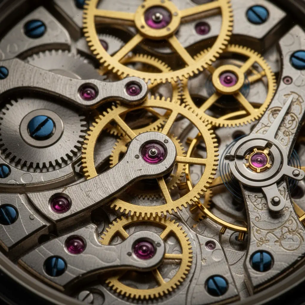 A 4K macro study of a mechanical watch movement built from reference images