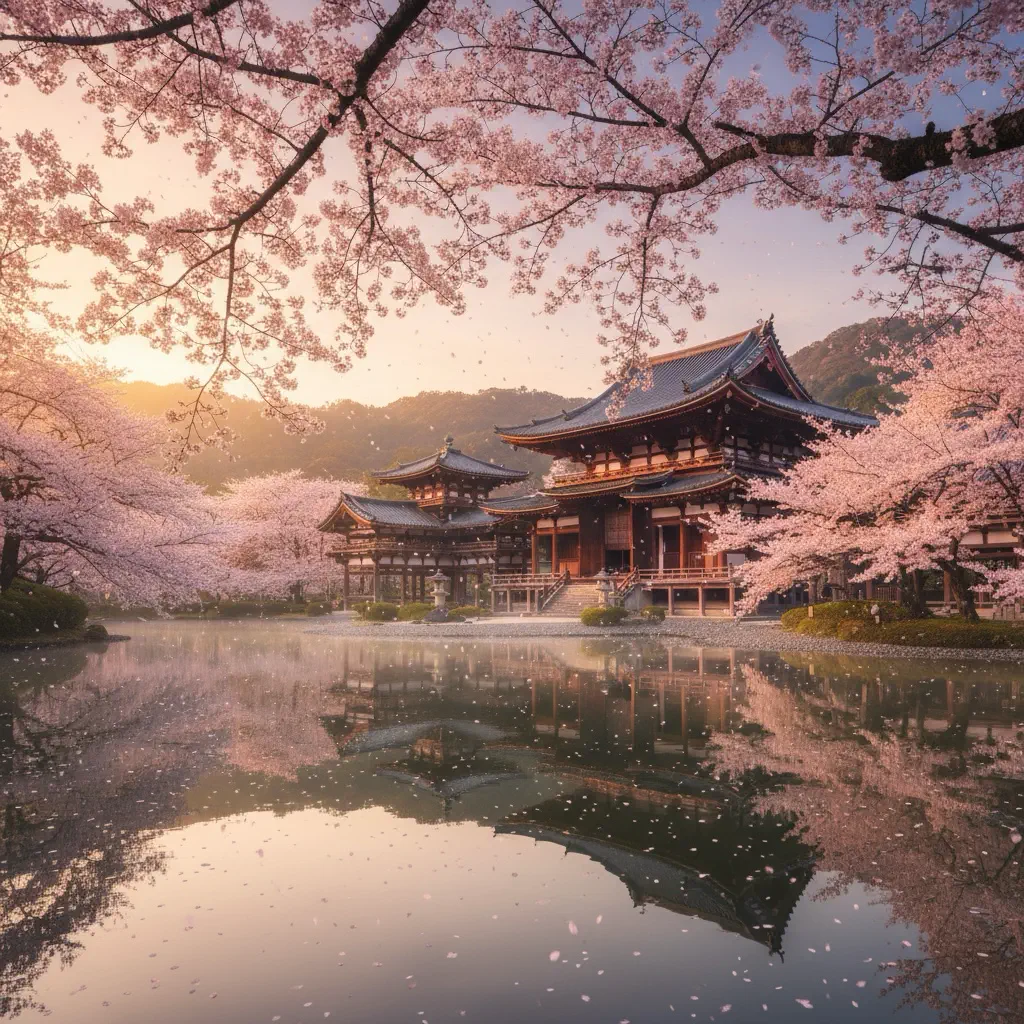 A cinematic Japanese temple surrounded by cherry blossoms