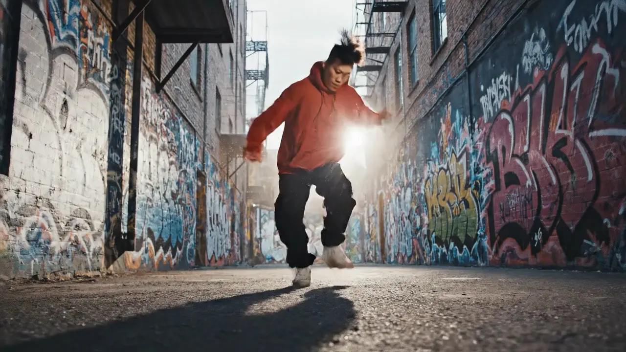 A street dancer moving through a sunlit graffiti alley