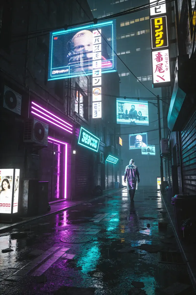 Neon-lit alleyway in a futuristic Tokyo, holographic advertisements floating in mid-air, a lone figure in a reflective r