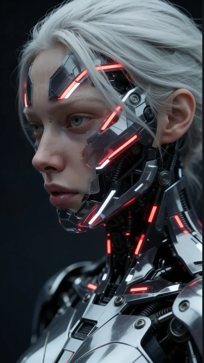 Close-up of a cyborg with white hair, black mechanical helmet with glowing red LED segments around eyes and temples, dar