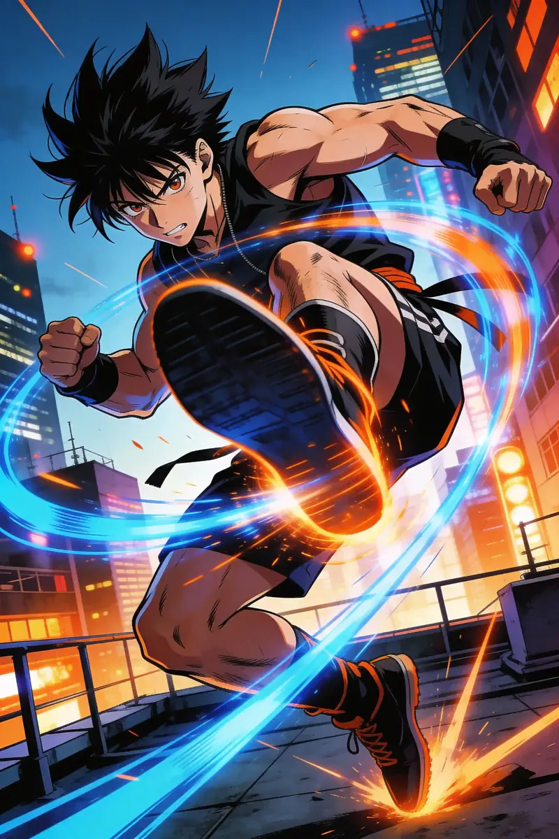 Anime male character in mid-air spinning kick, energy effects trailing from his foot, determined expression, spiky black