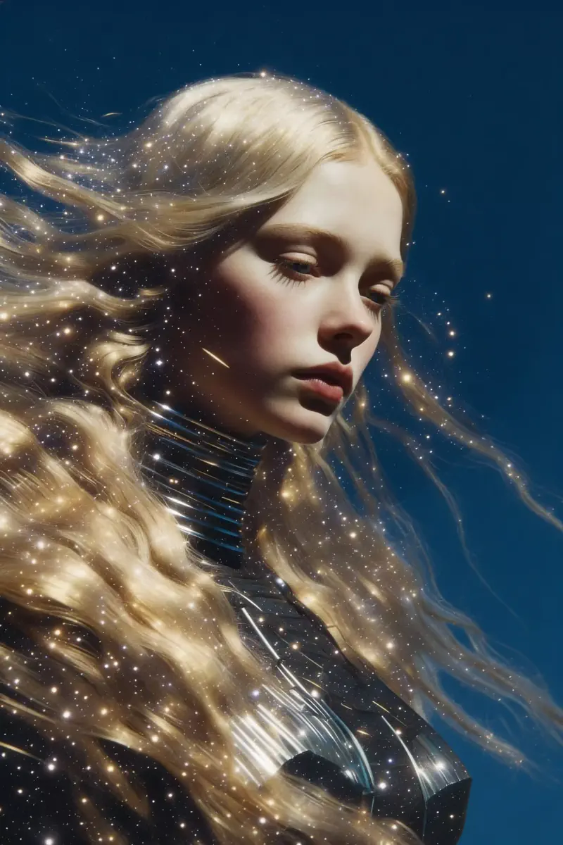 Woman portrait in profile, flowing blonde hair blending with starry galaxy, golden light particles scattered throughout 